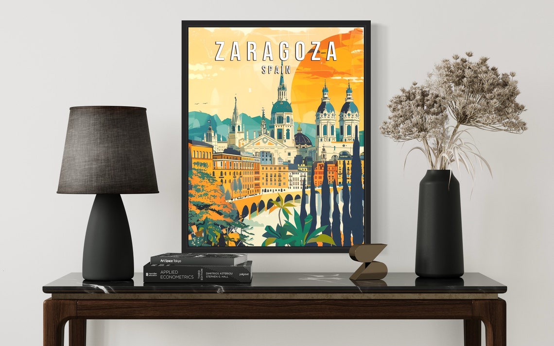 Zaragoza Spain Grand Basilica at Sunset Vintage Travel Poster - Image 2