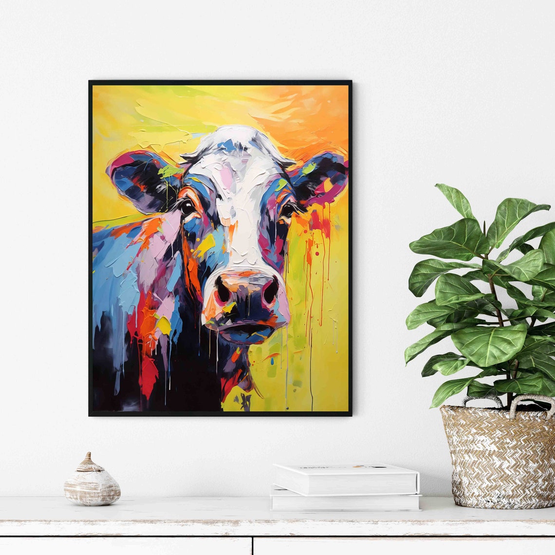 Rainbow Cow Face Portrait on Yellow Abstract Oil Paint Poster - Image 2