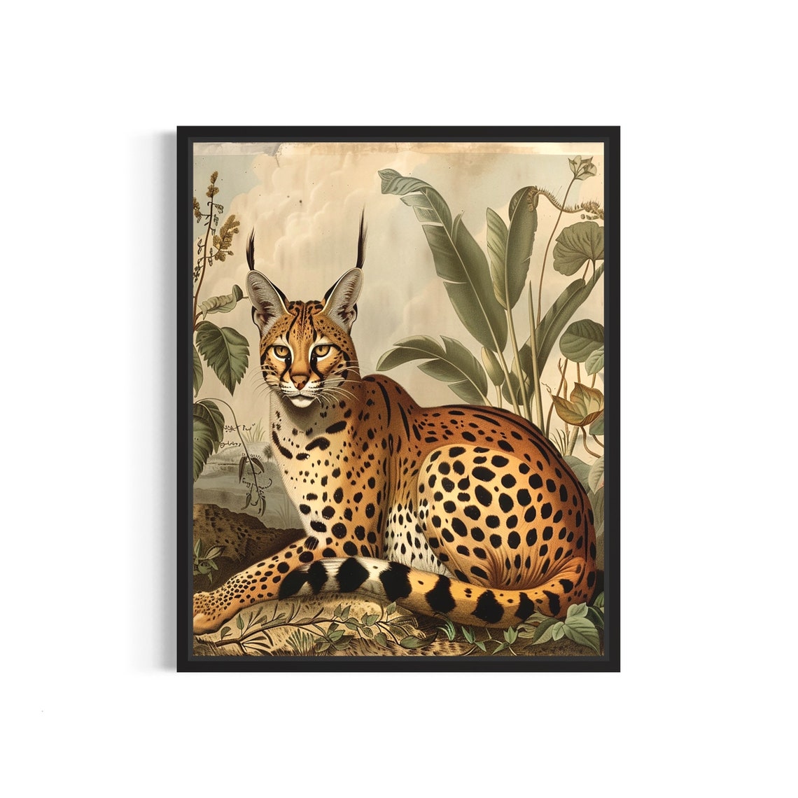 Vintage Serval Wildcat Spotted Coat Jungle Foliage Art Poster