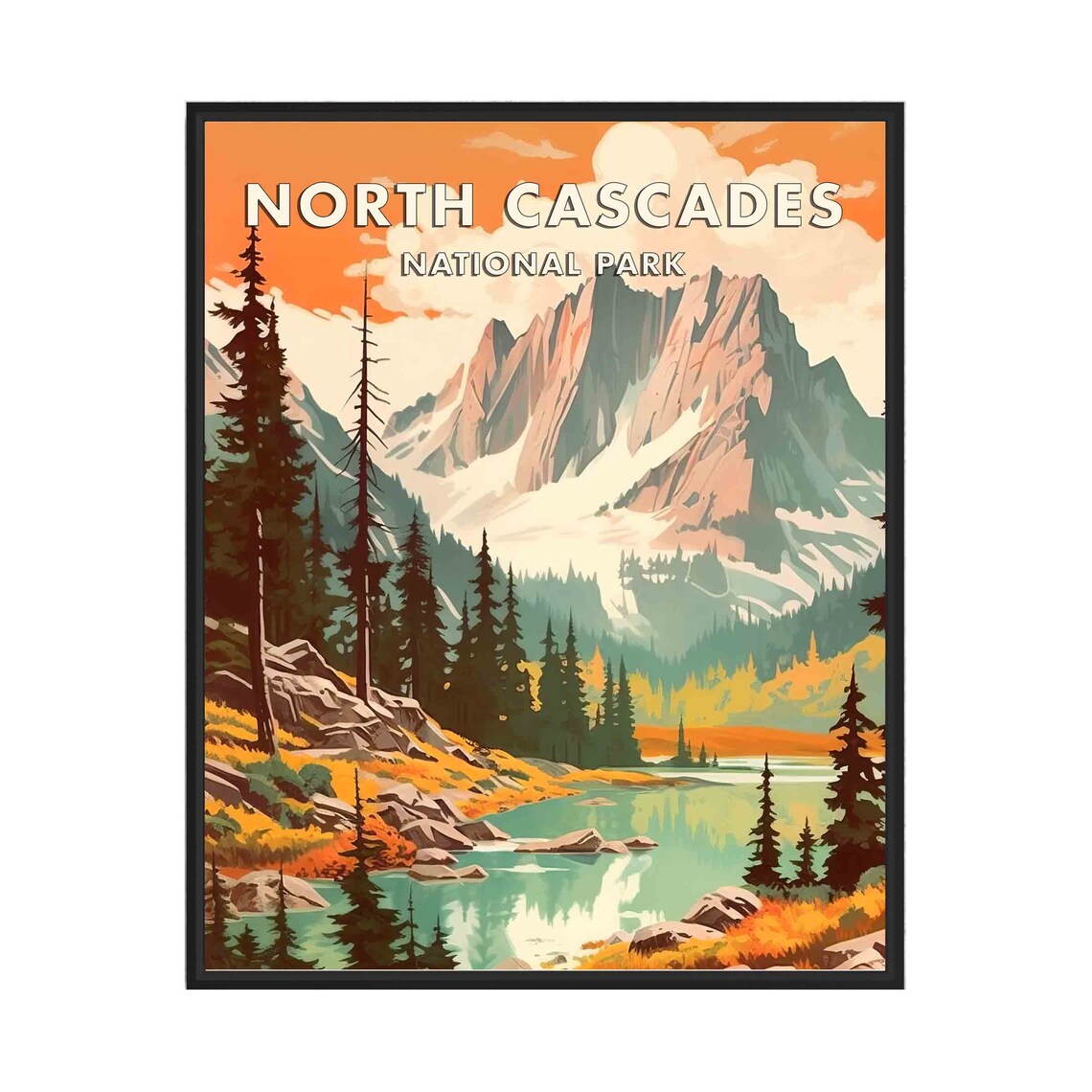 North Cascades National Park Retro Alpine Lake Scenery Travel Poster