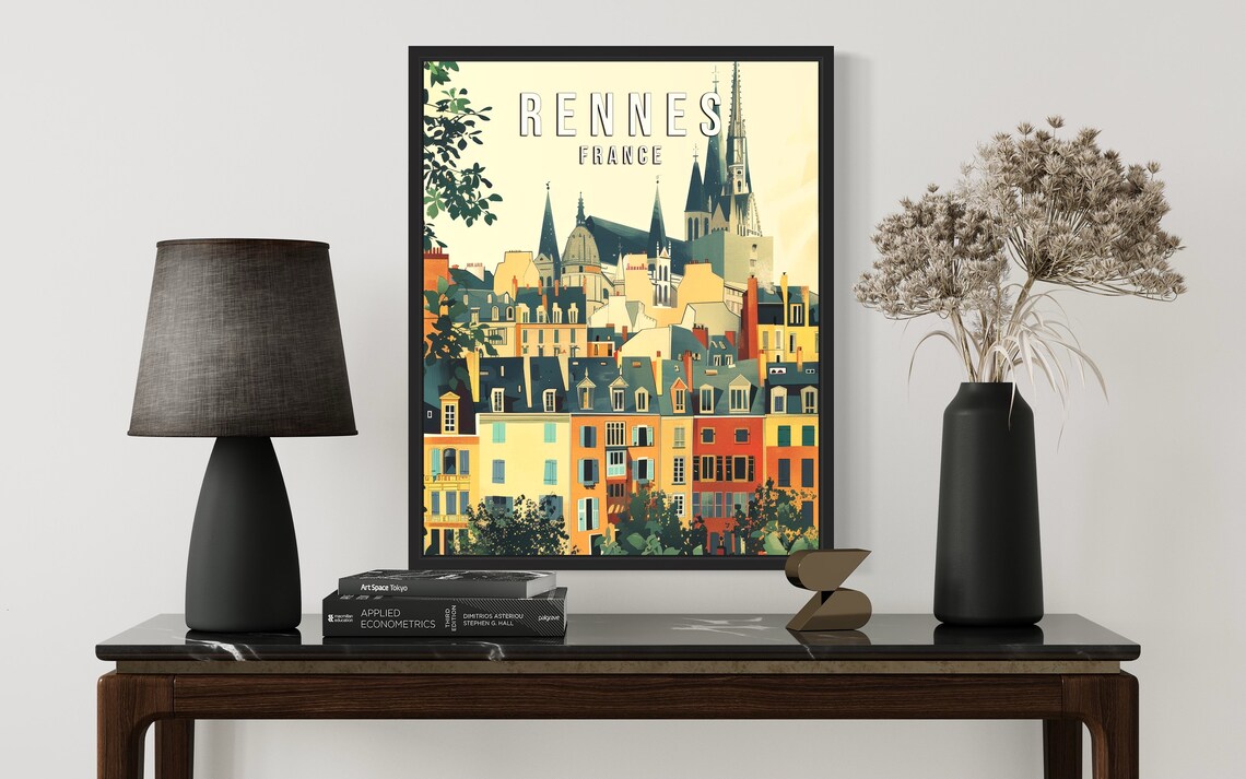 Rennes France Vintage Cathedral Spires Above Pastel Old Town Poster - Image 2