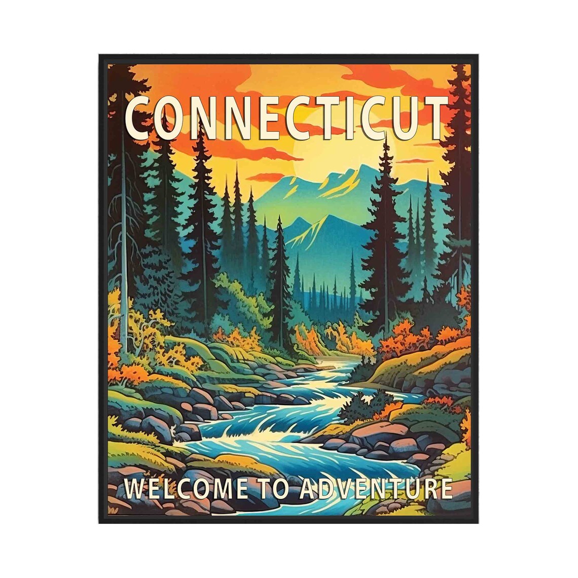 Connecticut Retro Forest River Sunset Welcome Adventure Travel Poster