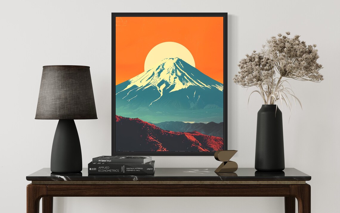 Mount Fuji Snow Capped Peak Bold Orange Sun Modern Japanese Poster - Image 3