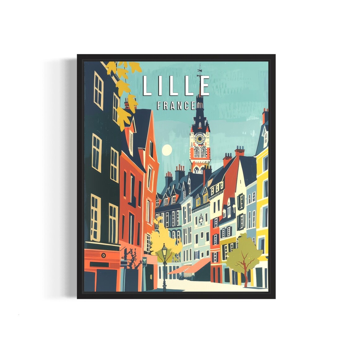 Lille France Old Town Belfry Vintage Street Scene Travel Poster