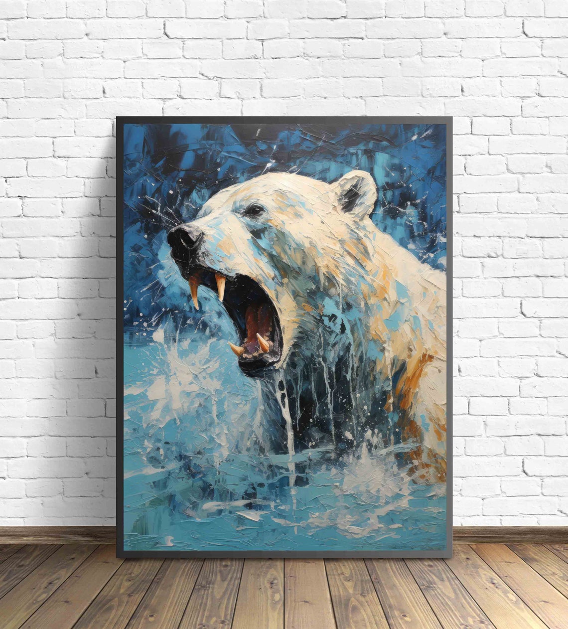 Polar Bear Emerging from Water Blue Impasto Wildlife Wall Art - Image 2