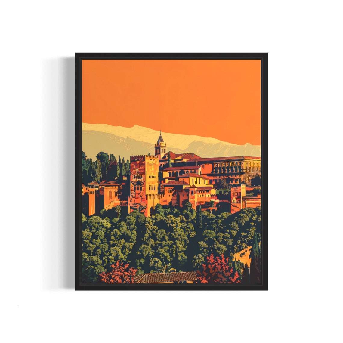 Alhambra Granada Spain Sunset Orange Palace Hill Vintage Travel Poster