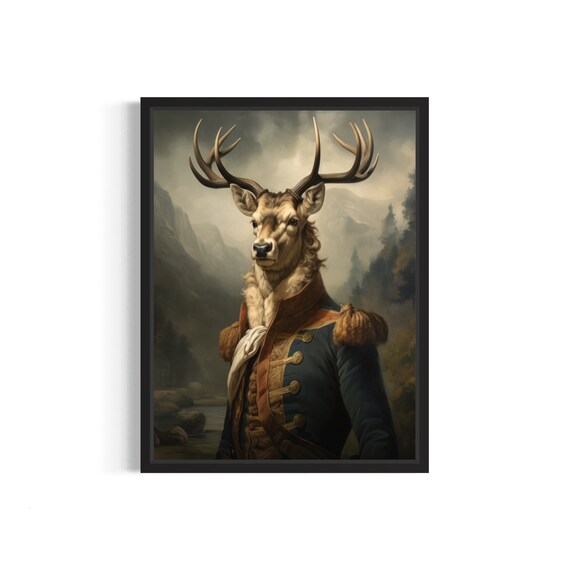 Regal Deer Stag In Vintage Military Coat Oil Painting Poster
