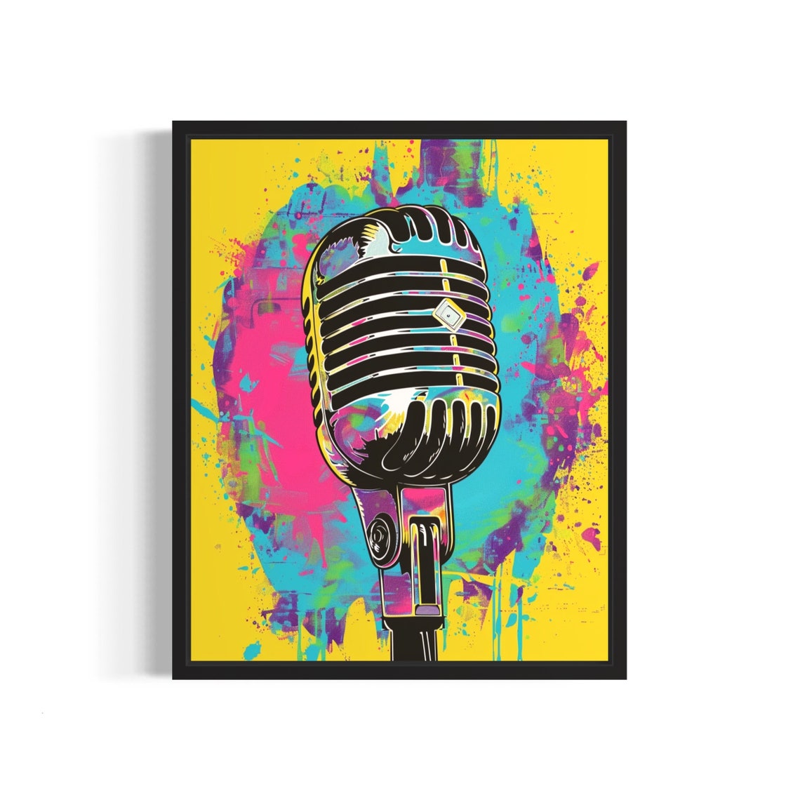 Retro Microphone Pop Art Poster with Neon Splatter Background