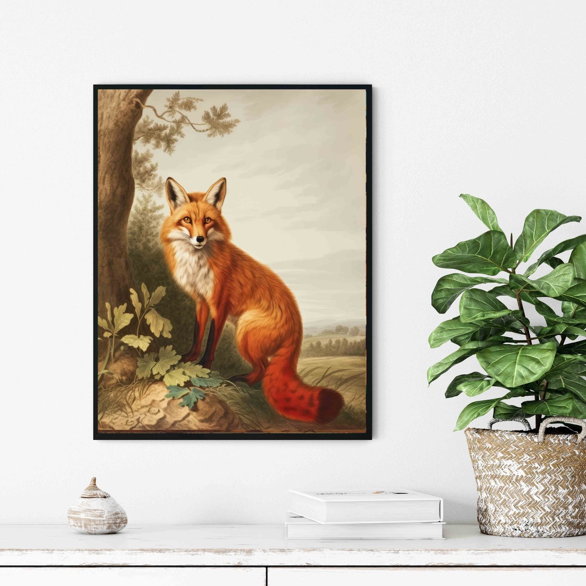 Red Fox Beside Oak Tree Fiery Vintage Woodland Wildlife Poster - Image 3