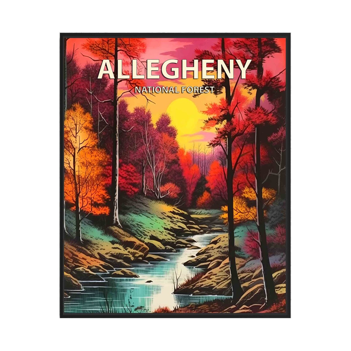 Allegheny National Forest Crimson Sunset Retro Travel Poster