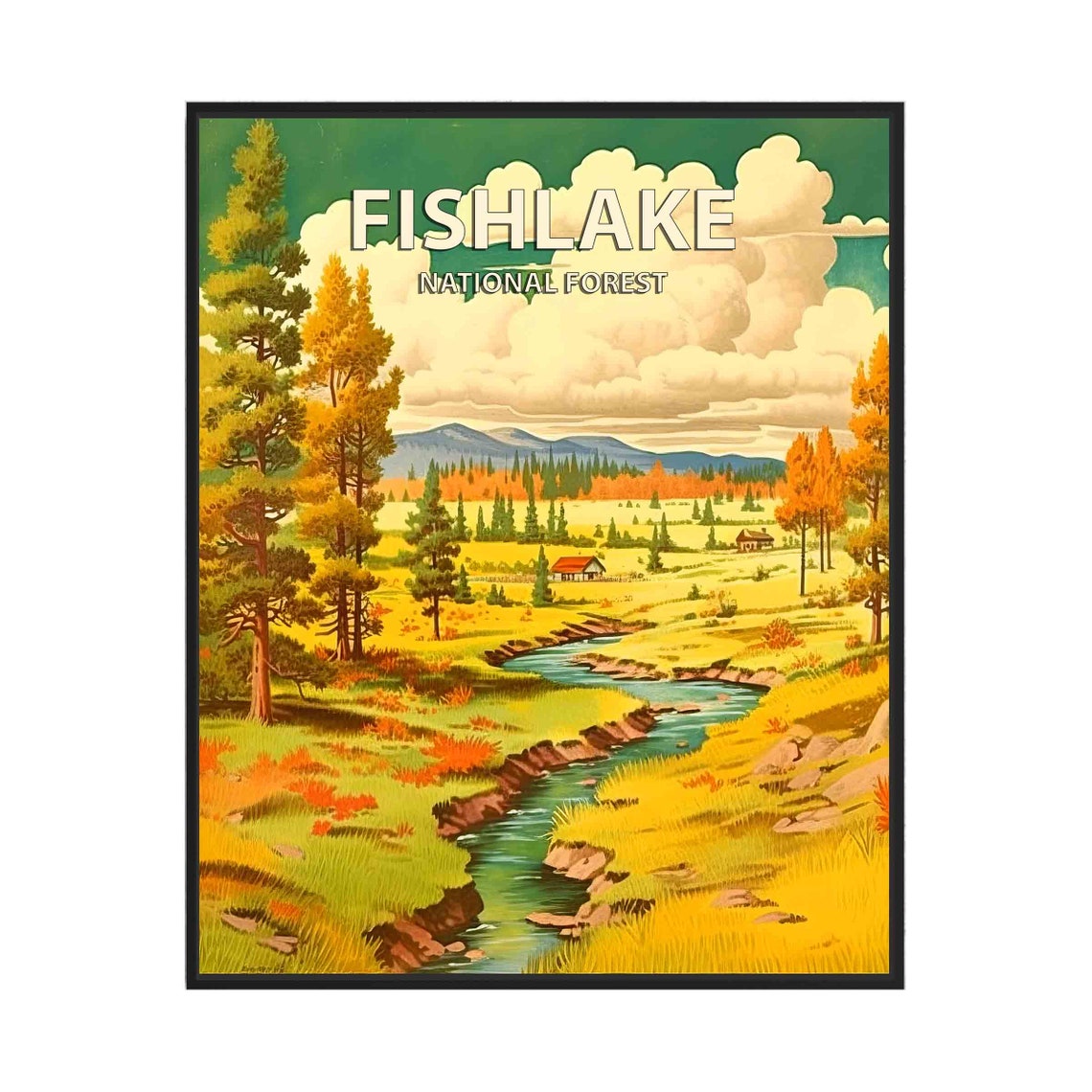Fishlake National Forest Meadow Stream Cabin Retro Travel Poster
