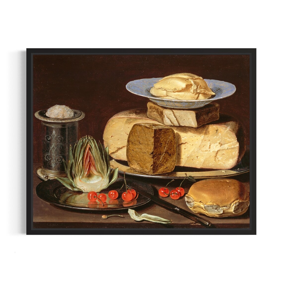 Dutch Still Life Cheese Artichoke Cherries Vintage Art Poster
