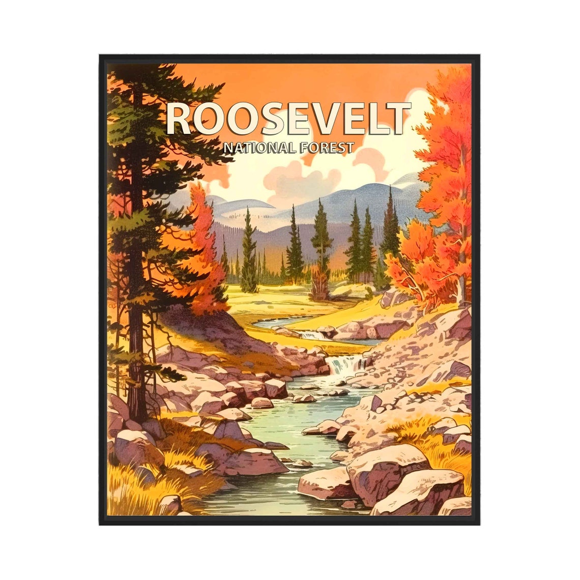 Roosevelt National Forest Autumn Mountain Stream Retro Poster
