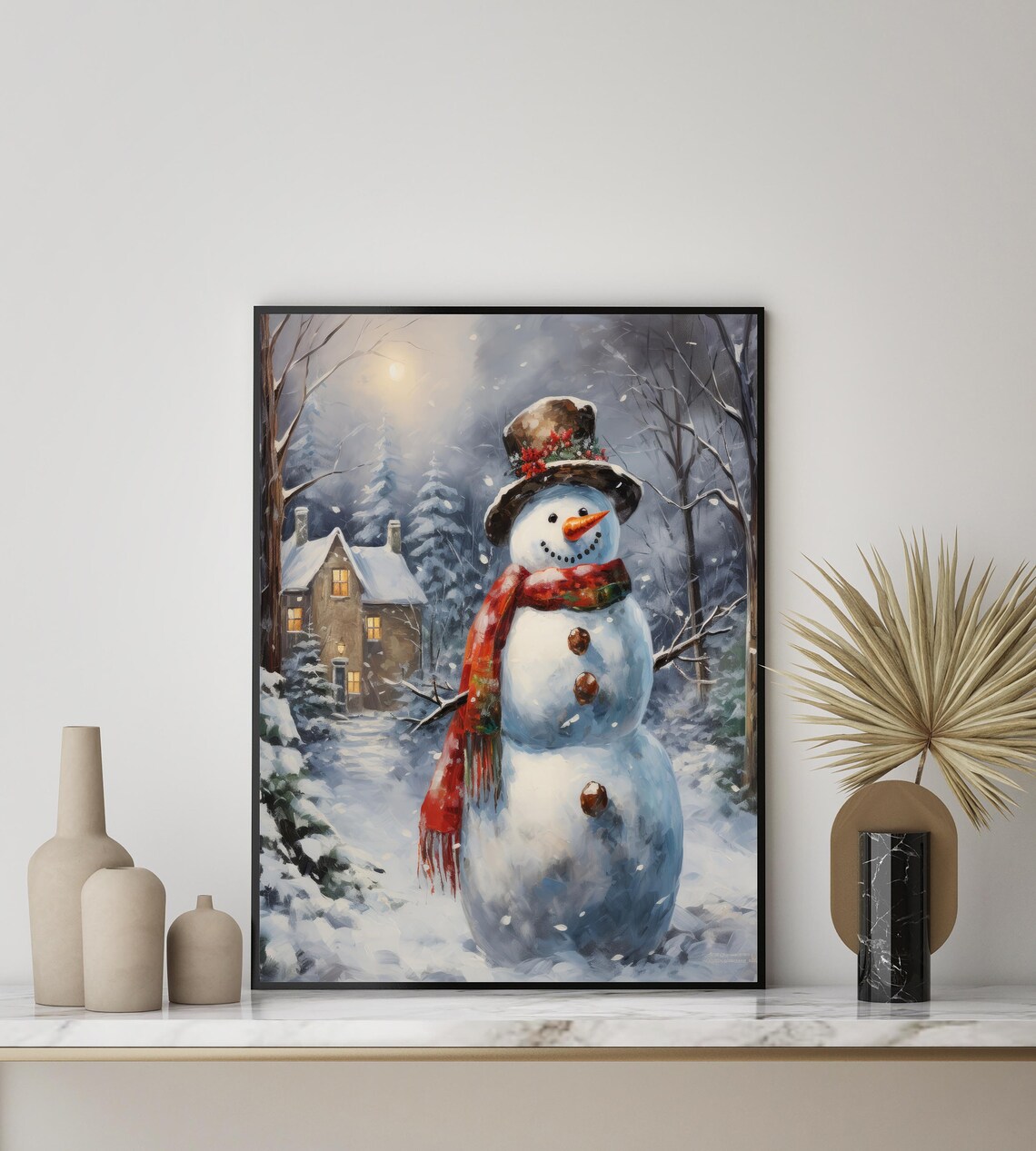 Jolly Snowman In Red Scarf Moonlit Snowy Village Winter Poster - Image 2