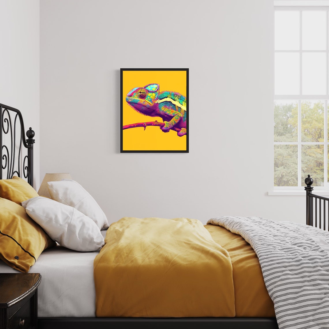 Rainbow Chameleon Pop Art Neon Yellow Background Animal Poster - Image 3