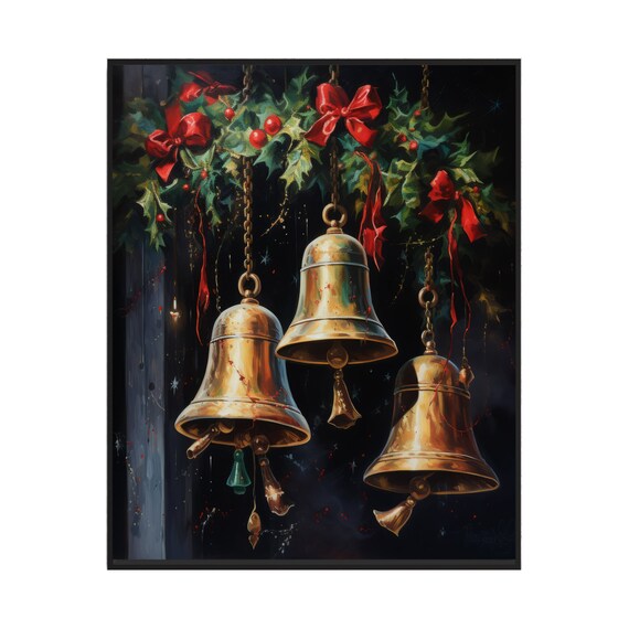 Three Antique Hanging Brass Christmas Bells with Holly Poster Art