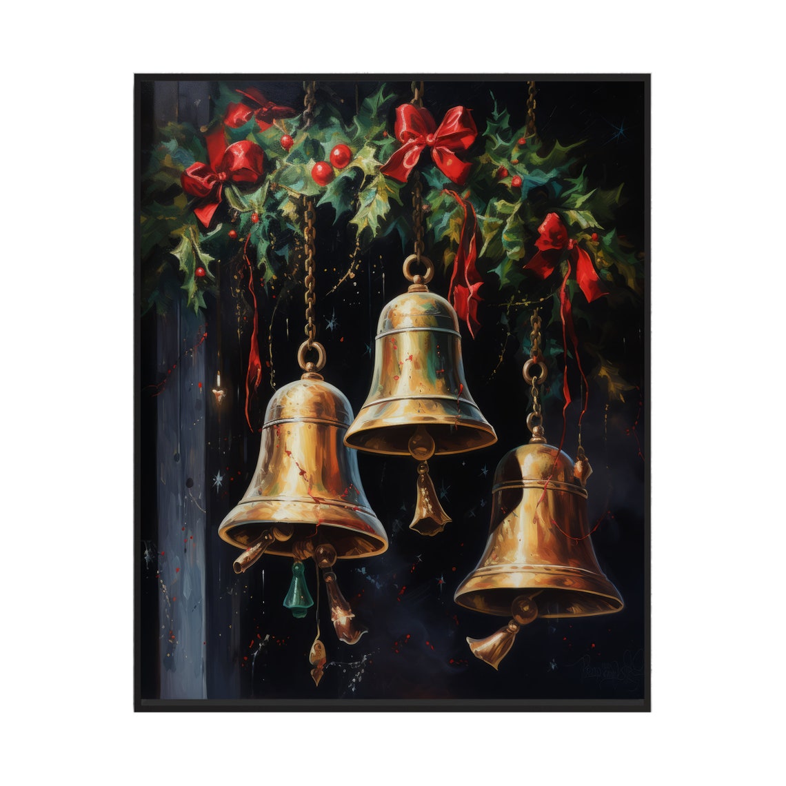Three Antique Hanging Brass Christmas Bells with Holly Poster Art
