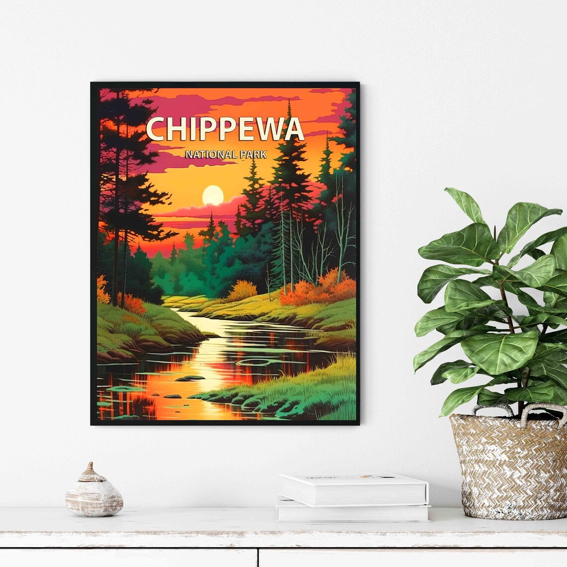 Chippewa National Park Sunset River Pines Retro Travel Poster - Image 2