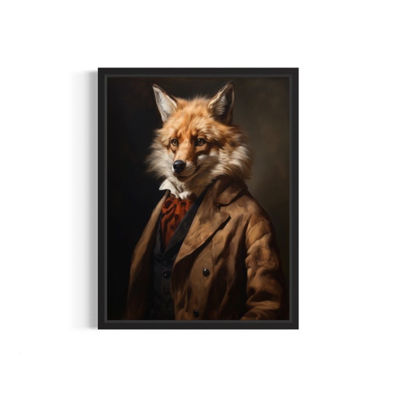Red Fox Gentleman in Brown Coat Vintage Animal Portrait Print