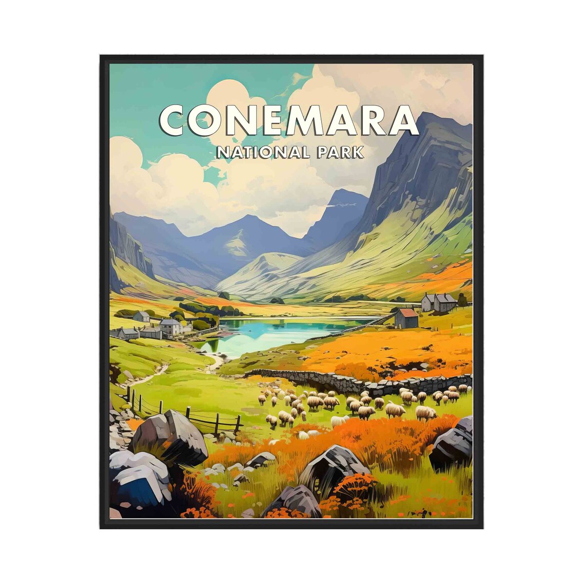 Connemara National Park Ireland Sheep Valley Lake Retro Poster