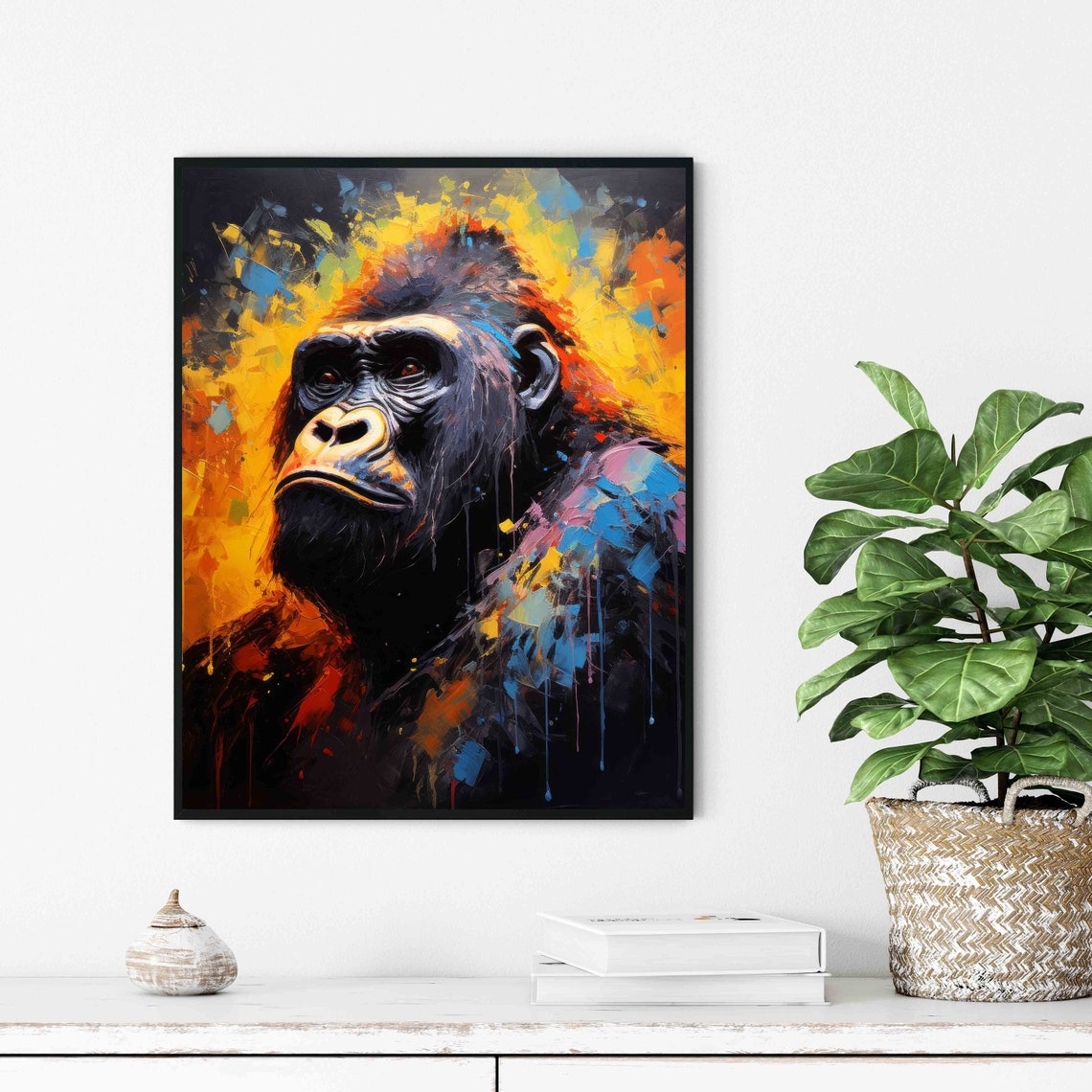 Gorilla Portrait Dark Paint Splatter Primate Wildlife Wall Art - Image 2