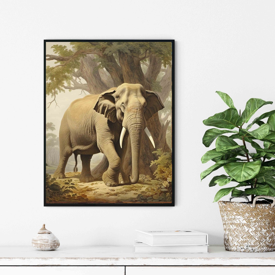 Elephant Beneath Ancient Trees Majestic Vintage Wildlife Art Poster - Image 3