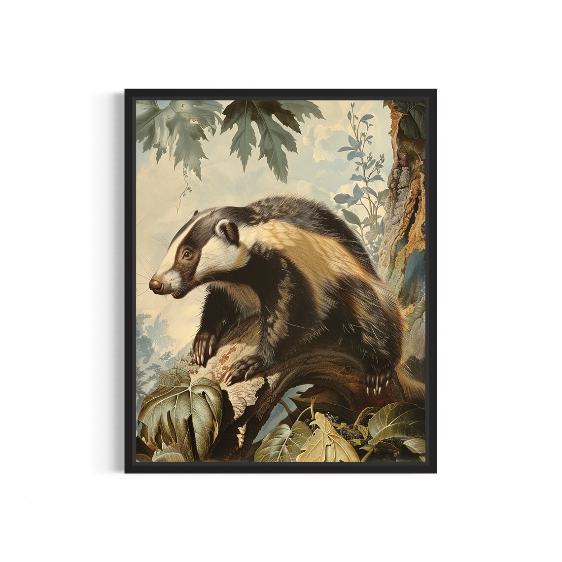 Vintage European Badger On Fallen Log Woodland Nature Art Poster