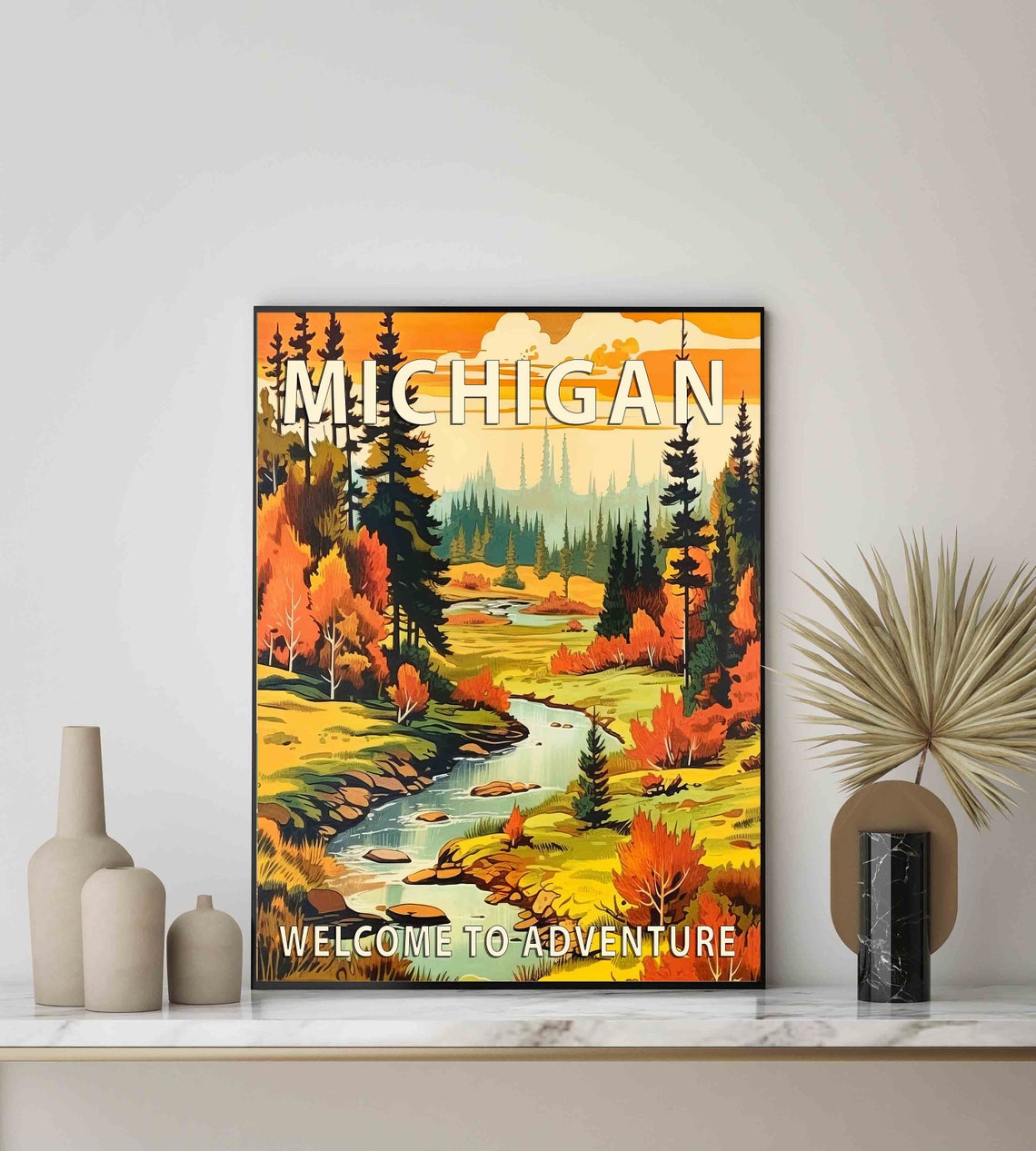Michigan Autumn Forest River at Sunset Welcome to Adventure Poster - Image 3