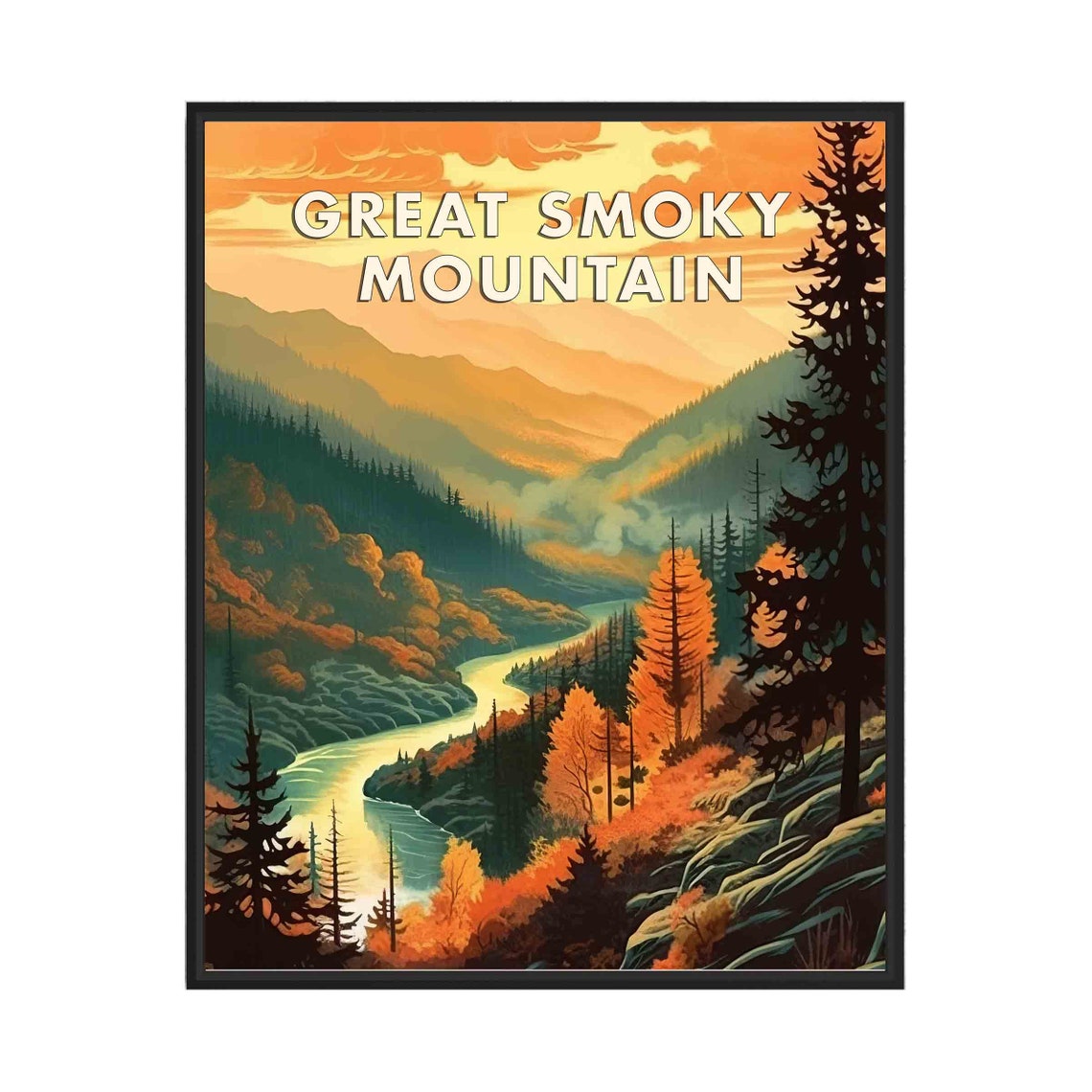 Great Smoky Mountain Sunrise River Valley Vintage Travel Poster