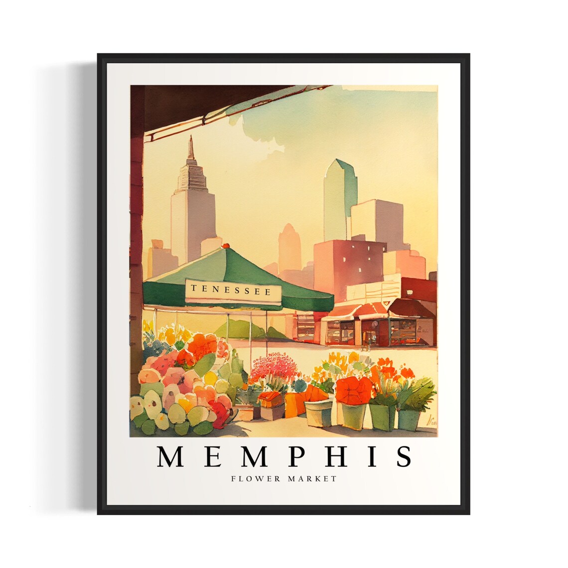 Memphis Flower Market Watercolor With City Skyline Behind Poster