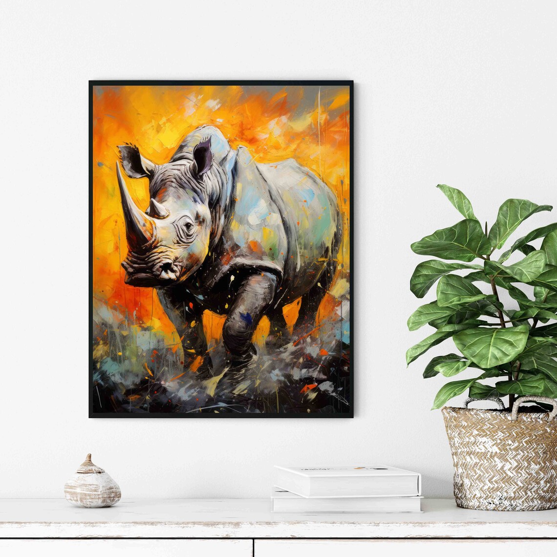 Charging Rhino Abstract Wildlife Painting Fiery Orange Wall Art - Image 2
