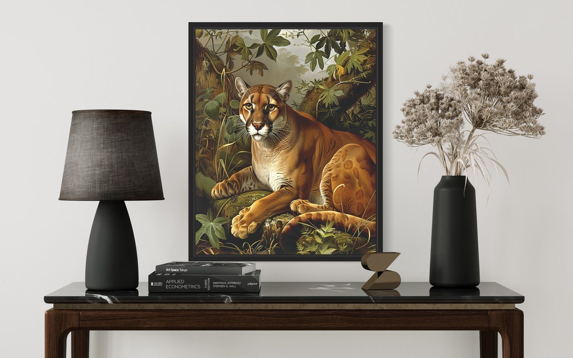 Vintage Cougar Resting In Lush Jungle Foliage Wildlife Art Poster - Image 3