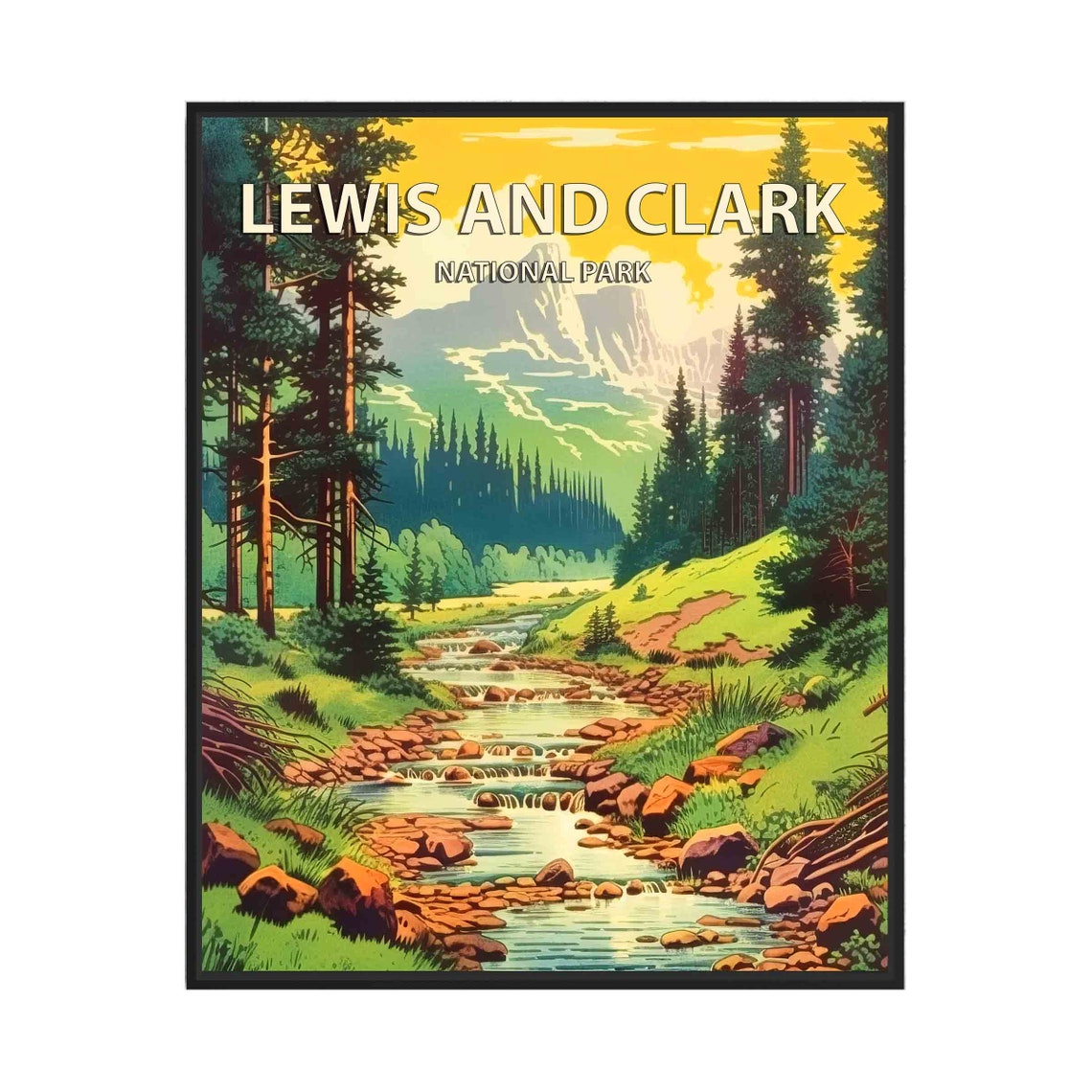 Lewis and Clark National Park Pine Stream Retro Vintage Travel Poster