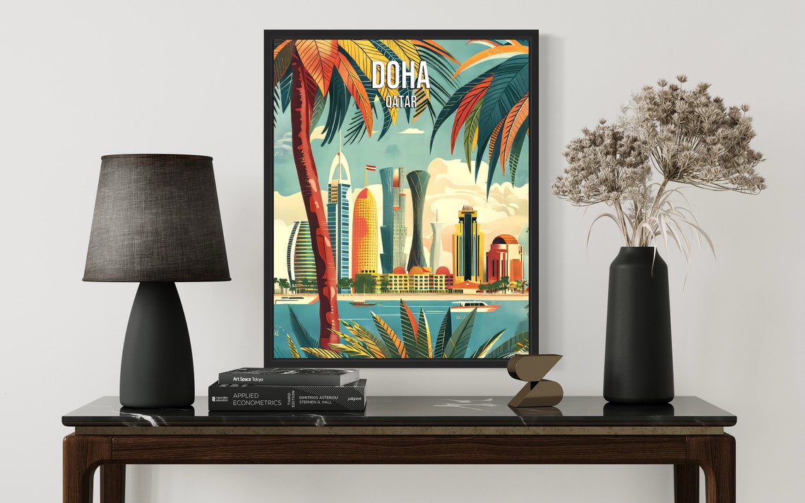 Doha Qatar Tropical Waterfront Skyline Vintage Travel Poster - Image 2
