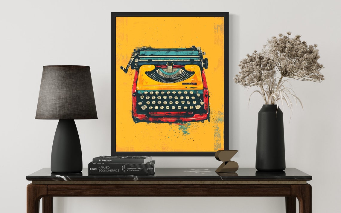 Retro Typewriter Pop Art on a Bold Mustard Yellow Background Poster - Image 3