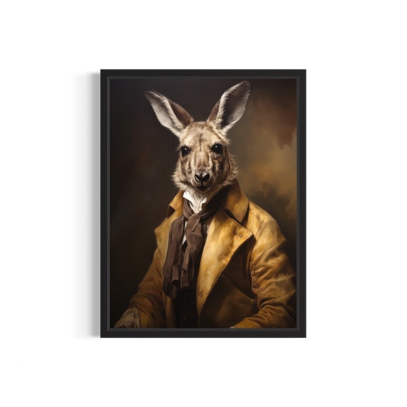 Kangaroo Gentleman in Mustard Coat Vintage Animal Portrait Print