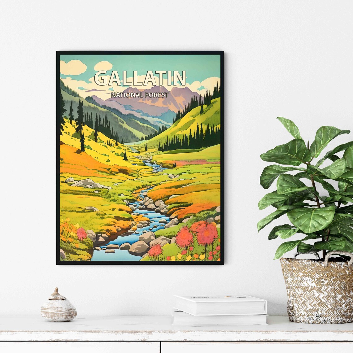 Gallatin National Forest Stream Meadow Wildflowers Retro Travel Poster - Image 2