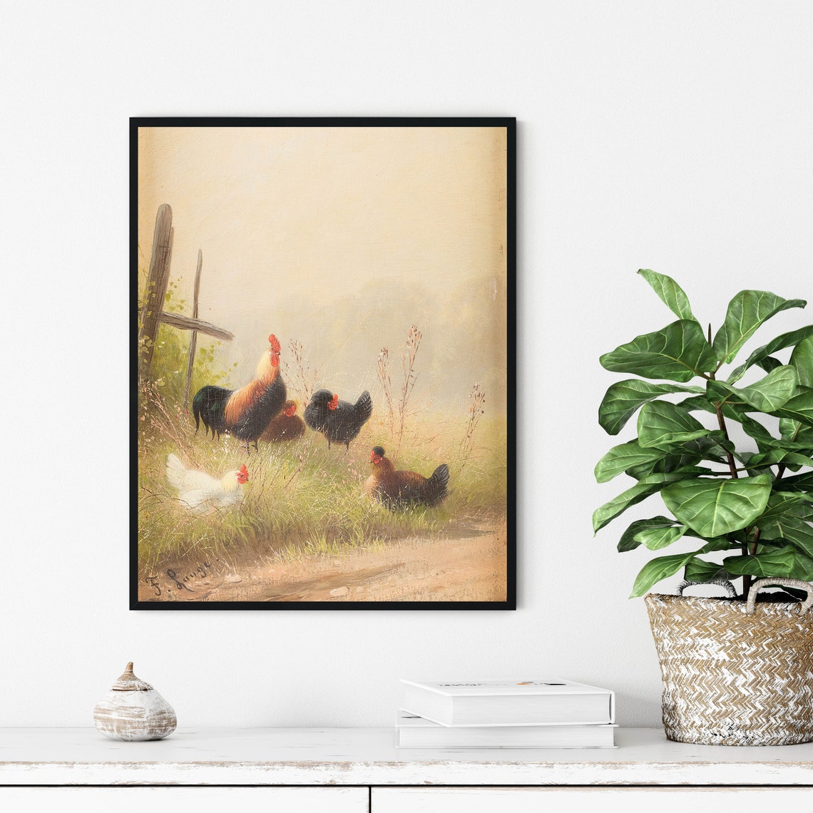Vintage Roadside Chickens And Rooster Peaceful Pastoral Scene Poster - Image 3