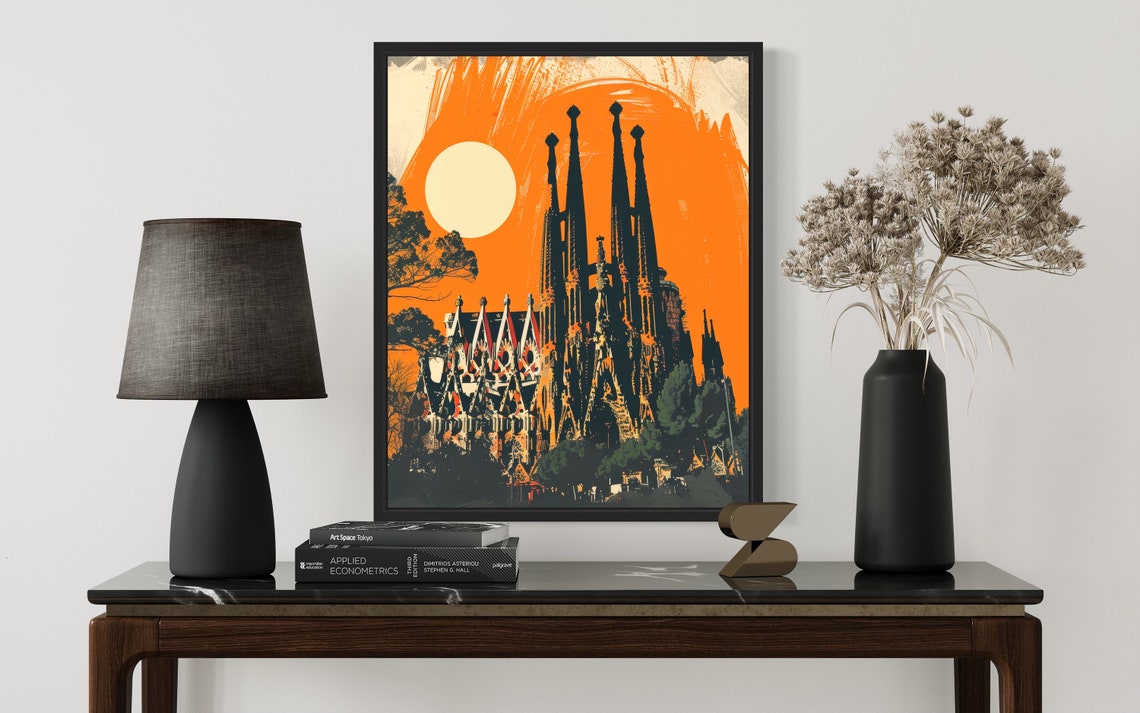 Sagrada Familia Barcelona Dramatic Orange Sunset Silhouette Poster - Image 3