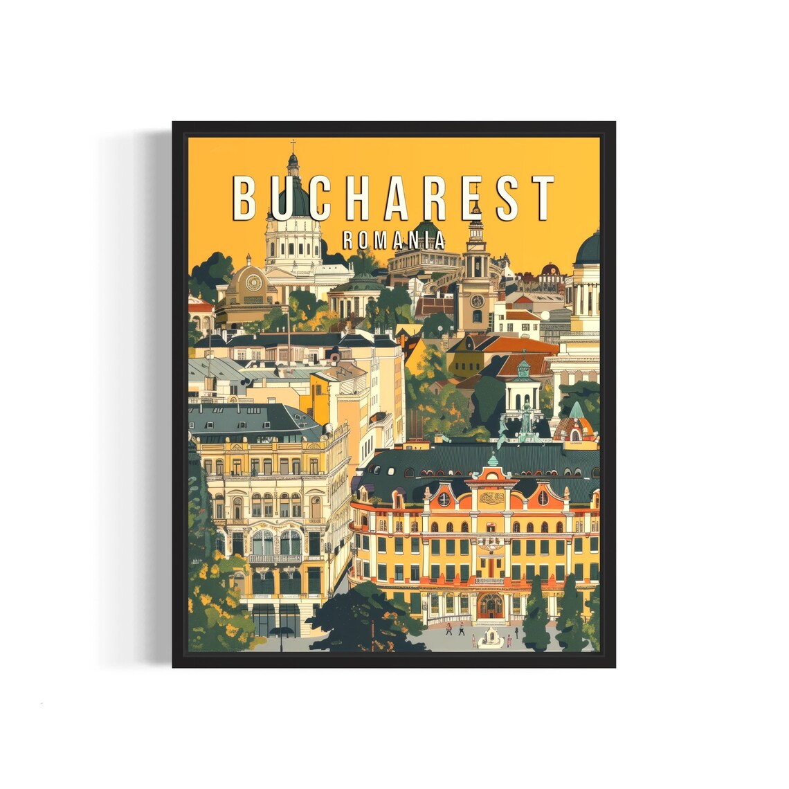Bucharest Romania Old Town Sunset Cityscape Vintage Travel Poster