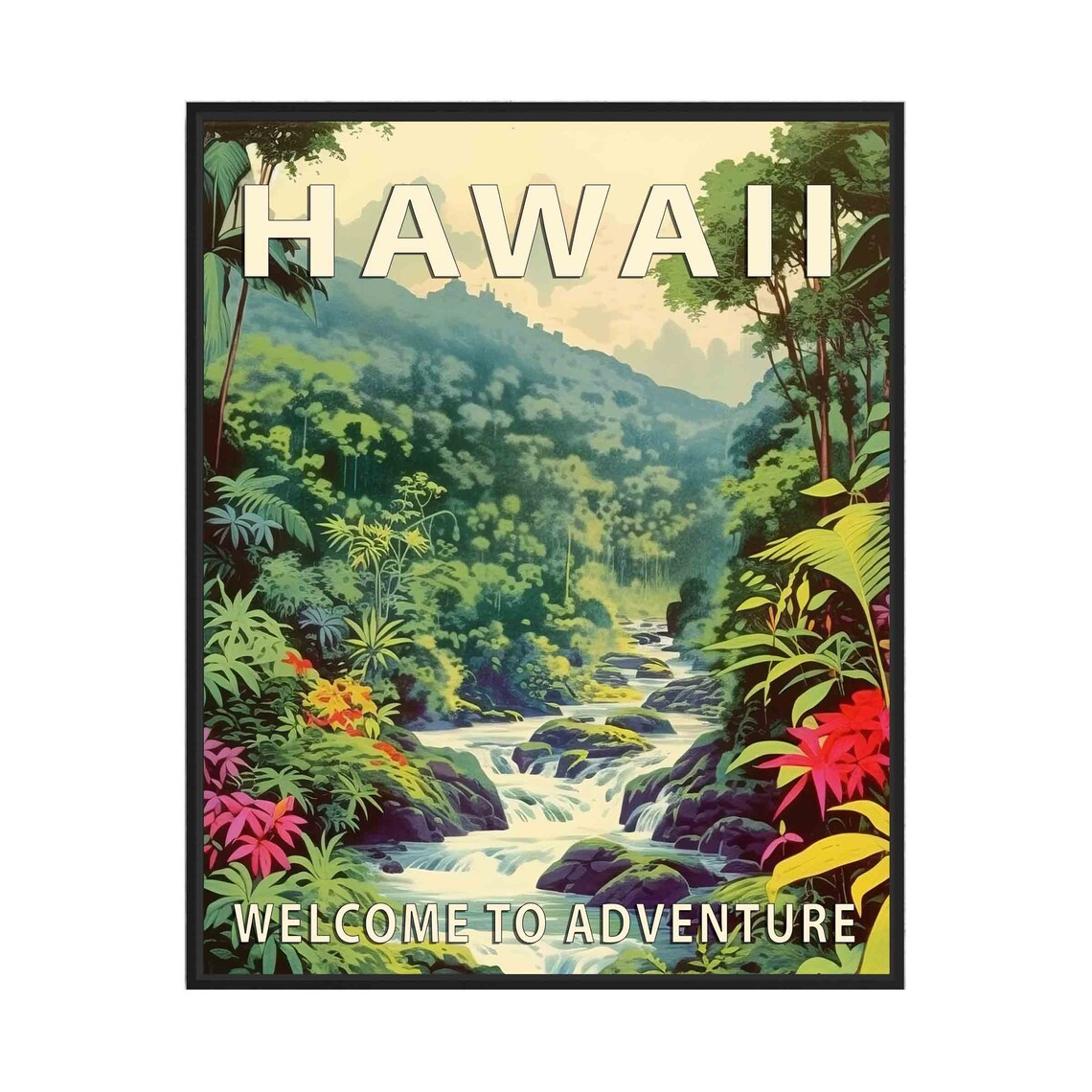 Hawaii Tropical Waterfall Rainforest Adventure Travel Poster