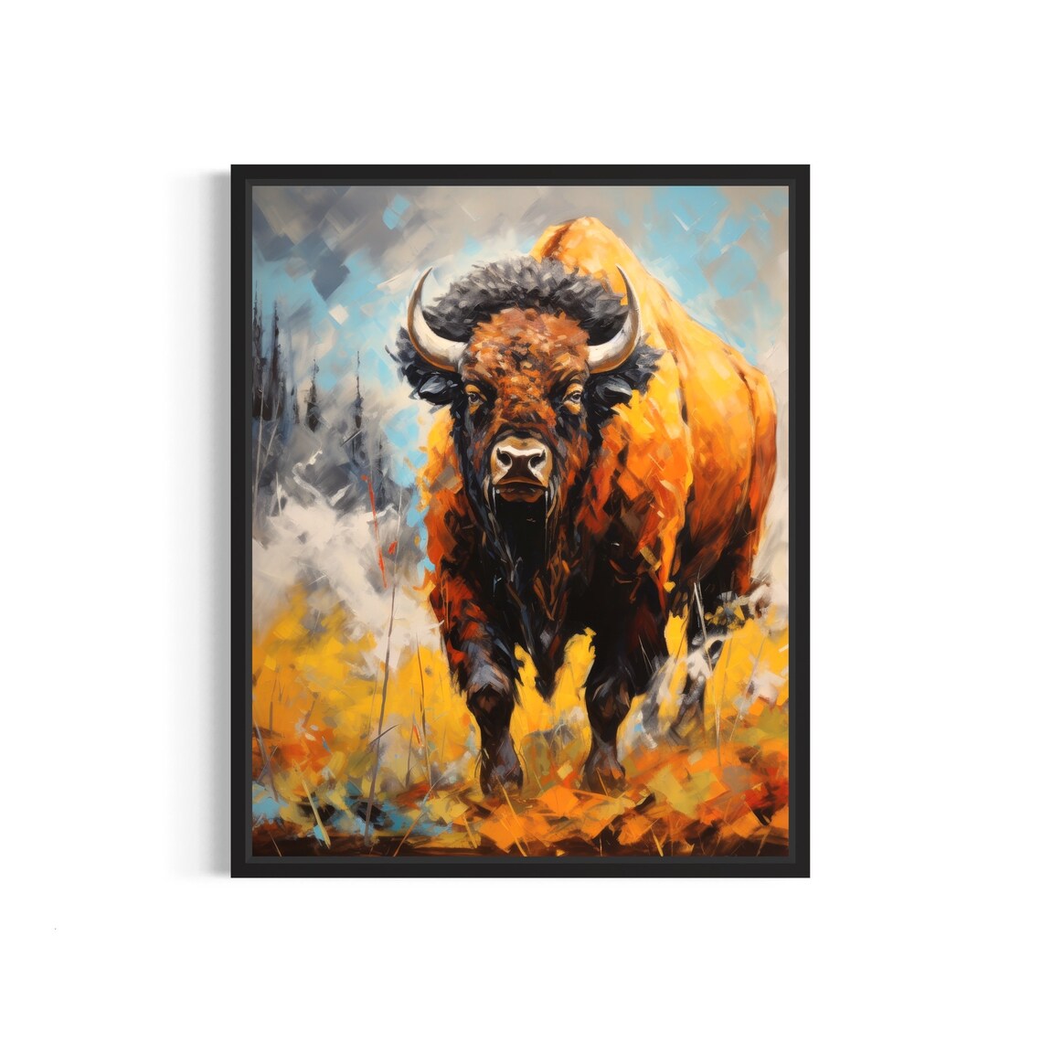 Bison Bull in Autumn Field Bold Expressive Wildlife Painting Poster