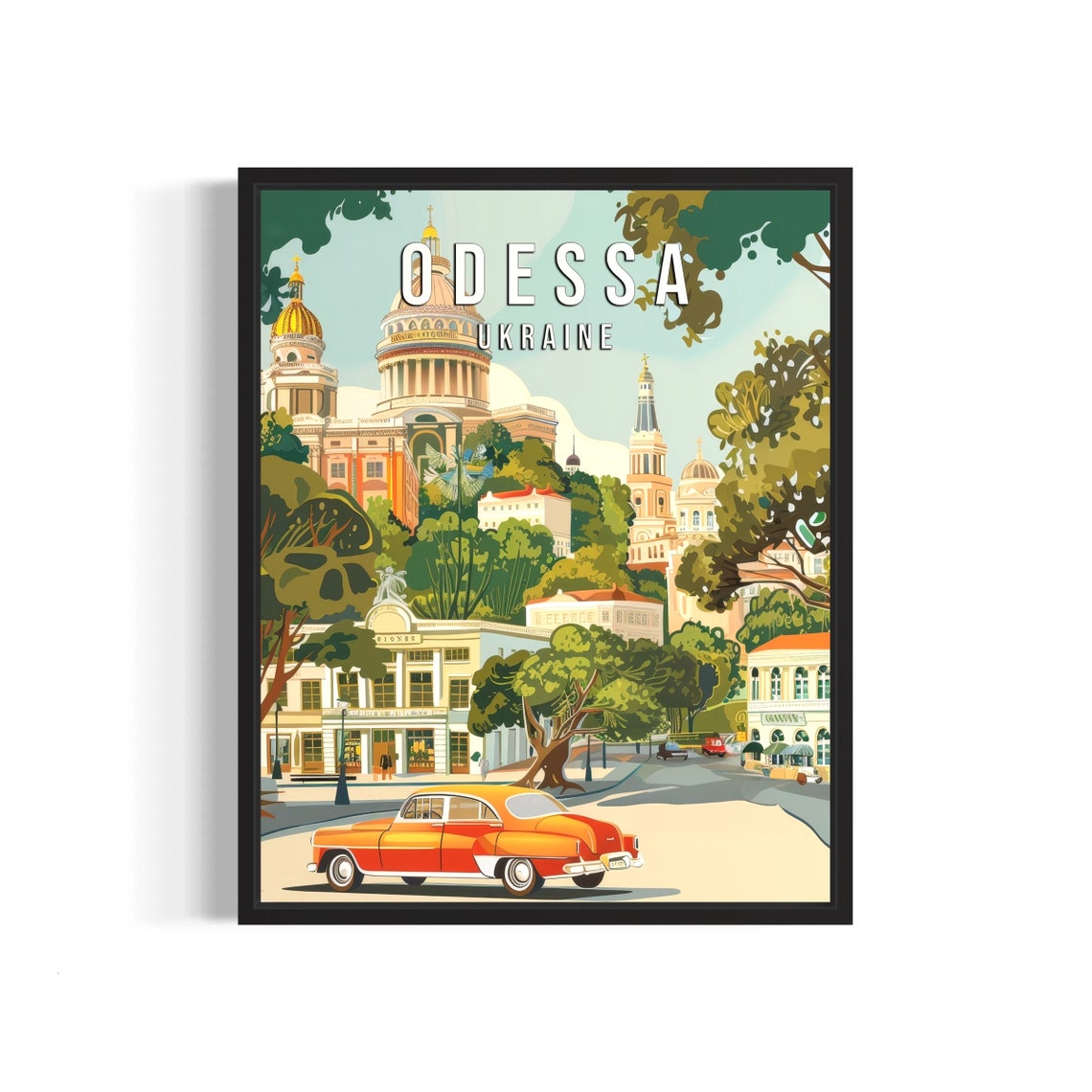 Odessa Ukraine Travel Poster with Cathedral Domes and Retro Orange Car