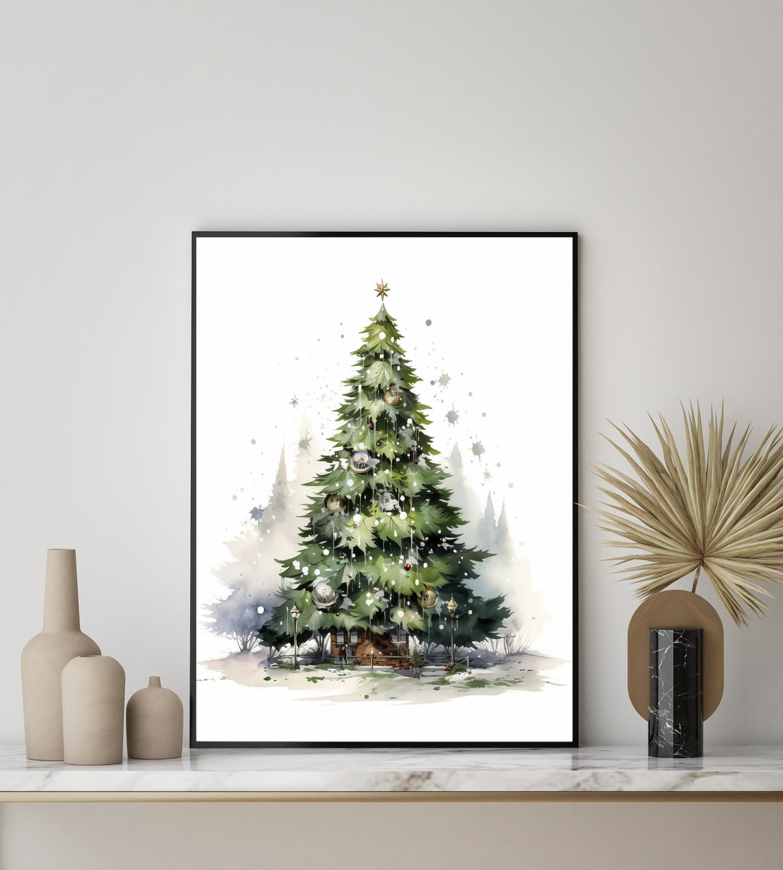 Minimal Watercolor Christmas Tree with Gold Star Topper Poster Art - Image 2