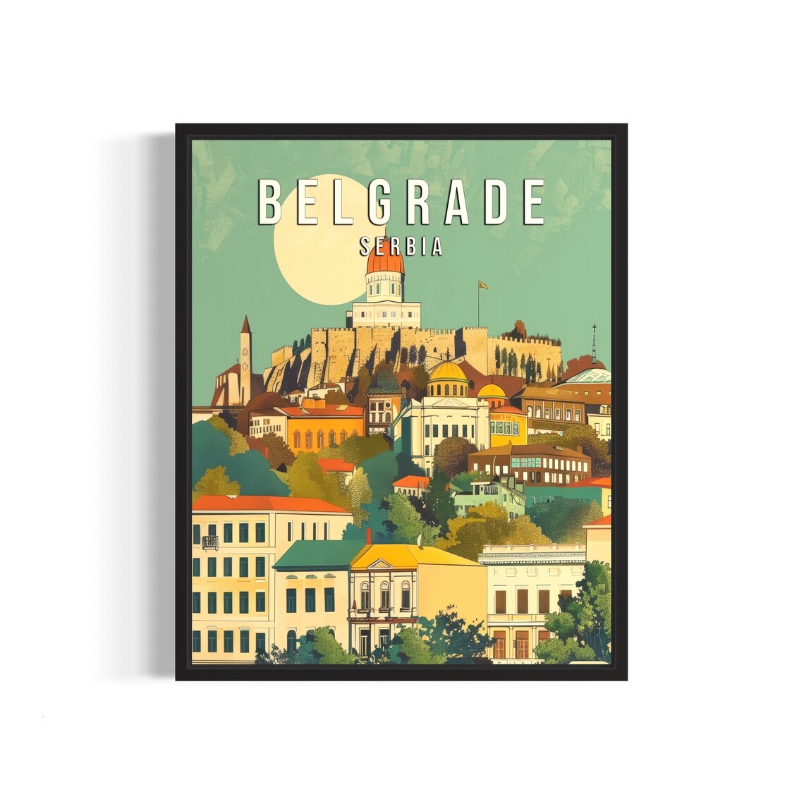 Belgrade Retro Cityscape Kalemegdan Fortress Serbia Travel Poster