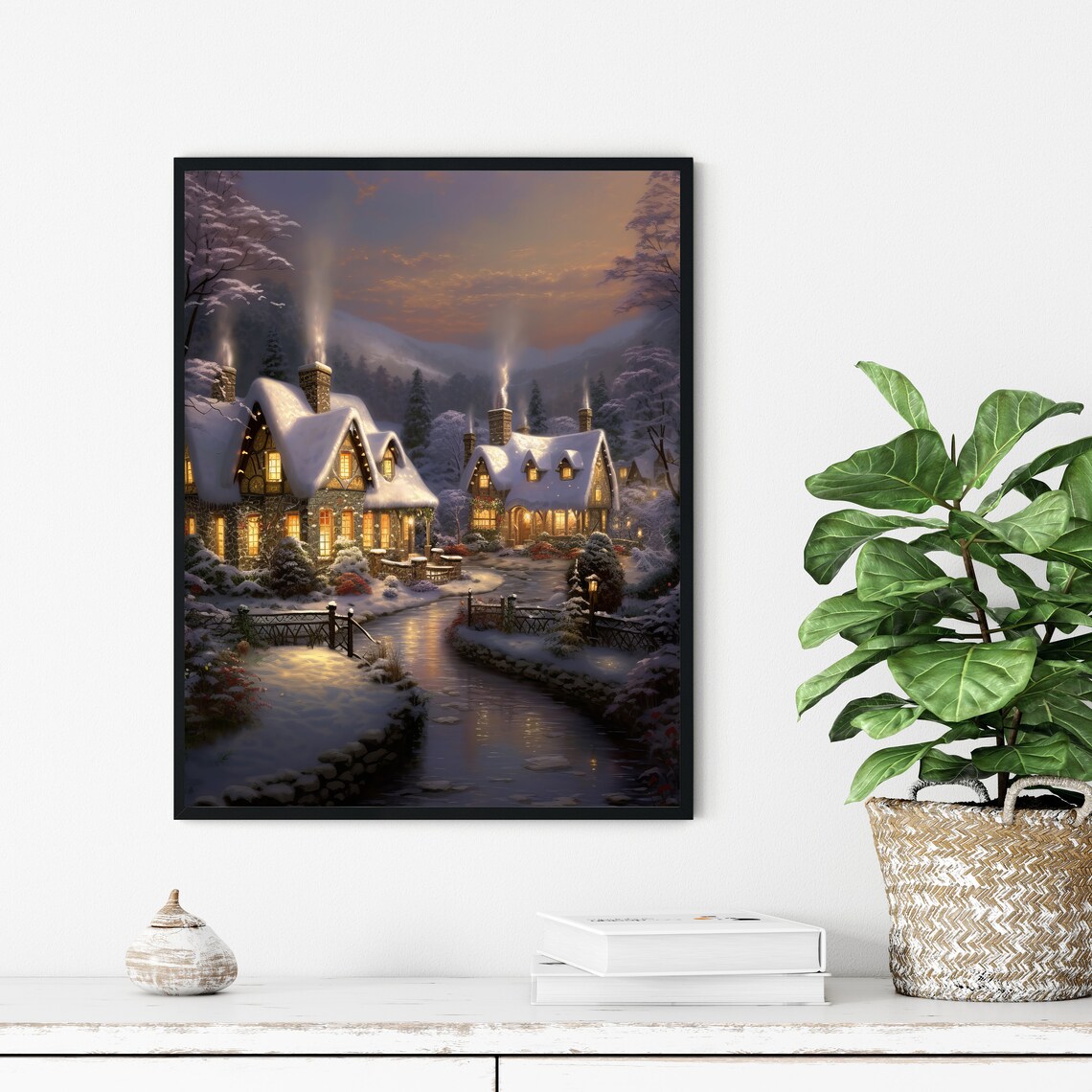 Winter Wonderland Snowy Village Cottages Glowing Christmas Night Poster - Image 3