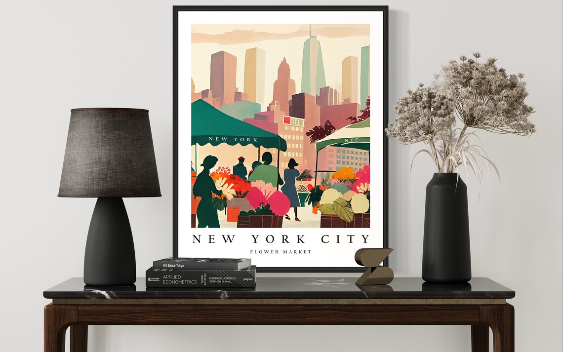 New York City Flower Market Stalls Skyline Watercolor Art Poster - Image 2