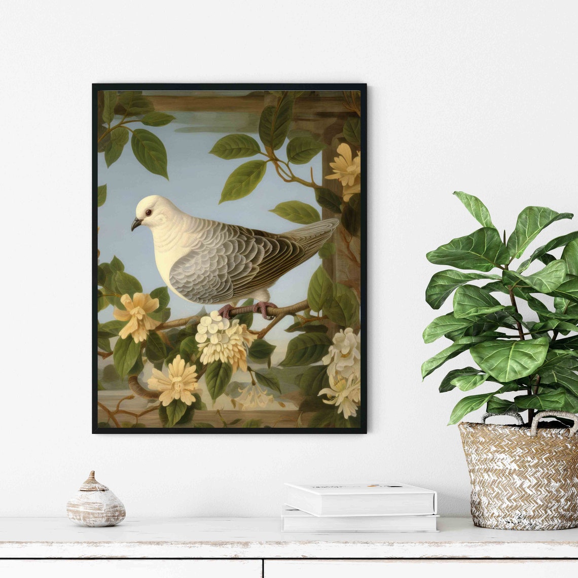 White Dove Blossoming Branch Vintage Bird Illustration Poster - Image 3