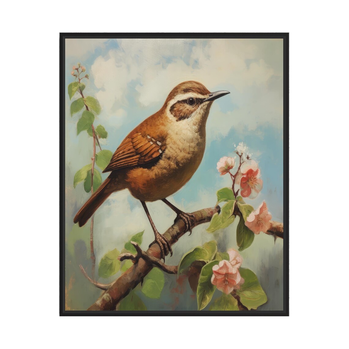 Carolina Wren on Blossoming Branch Vintage Songbird Art Poster