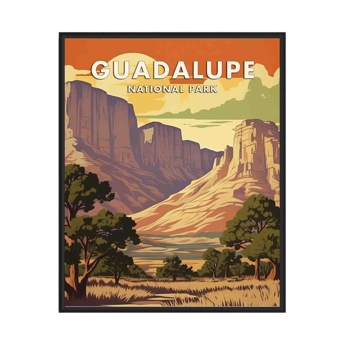 Guadalupe National Park Desert Cliffs Sunset Retro Travel Poster